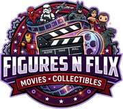 Logo for Figures N Flix featuring characters from movies like Marvel and DC above a film slate, reel, and text.