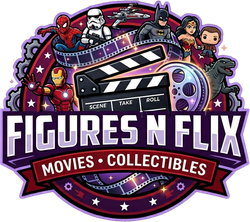 Logo for Figures N Flix featuring characters from movies like Marvel and DC above a film slate, reel, and text.