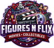 Logo for Figures N Flix featuring characters from movies like Marvel and DC above a film slate, reel, and text.