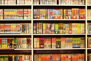 Rows of colorful manga books organized on wooden library shelves.