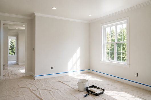 Empty room prepped with blue painter's tape ready for interior painting