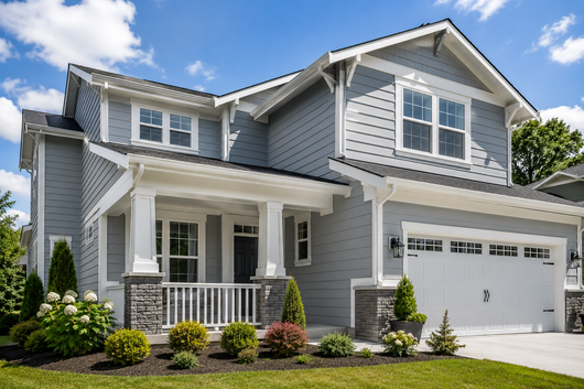 Completed gray two-story home with white trim after exterior painting