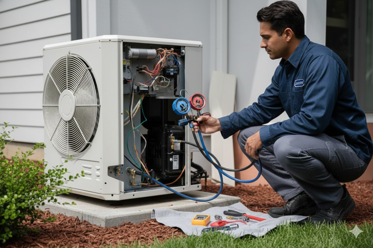 HVAC technician repairing an outdoor air conditioning unit. Using gauges, he kneels near the open equipment