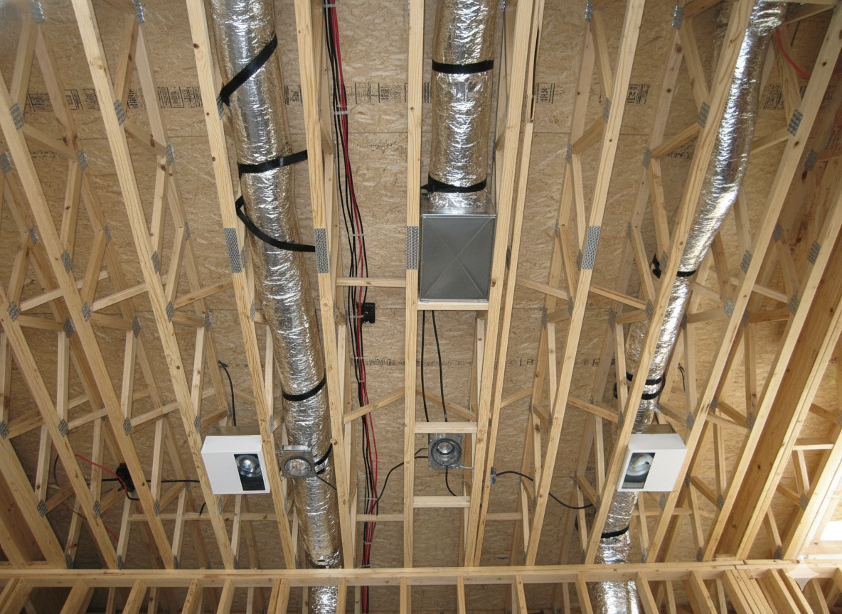 Wooden attic framing with HVAC ductwork and equipment installed.