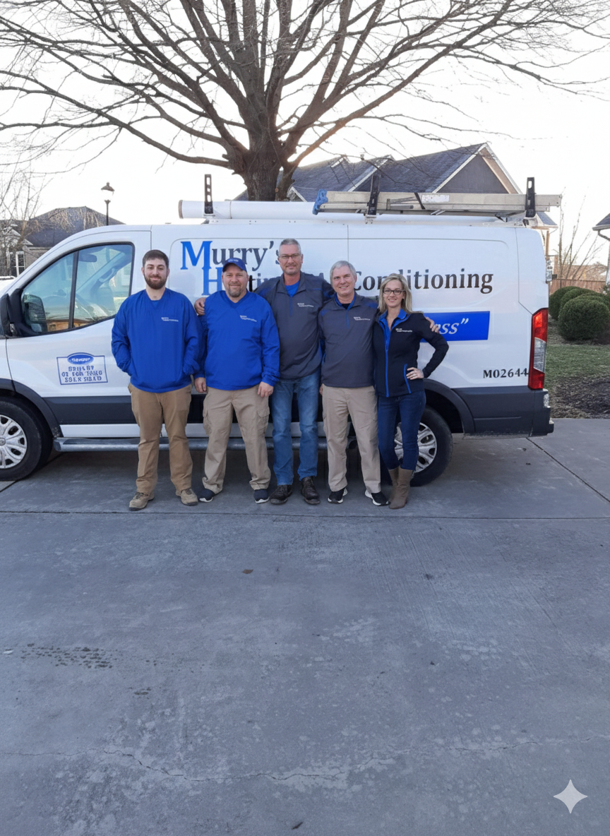Five people stand in front of a white van with