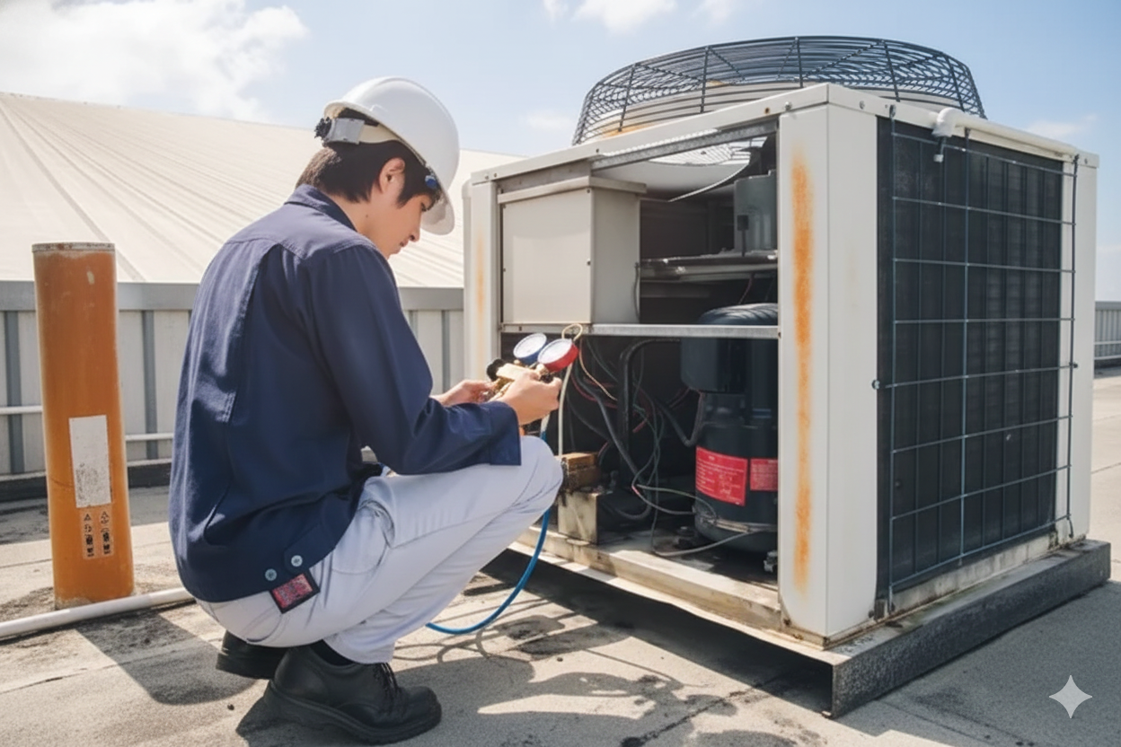 HVAC technician working on an air conditioning unit on a rooftop.
