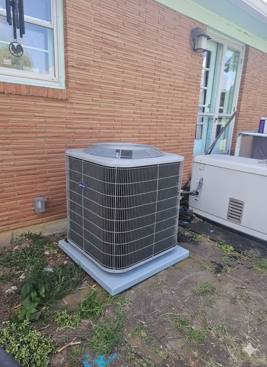 AC unit outside brick building. Gray metal unit on concrete, next to a window and a white box.