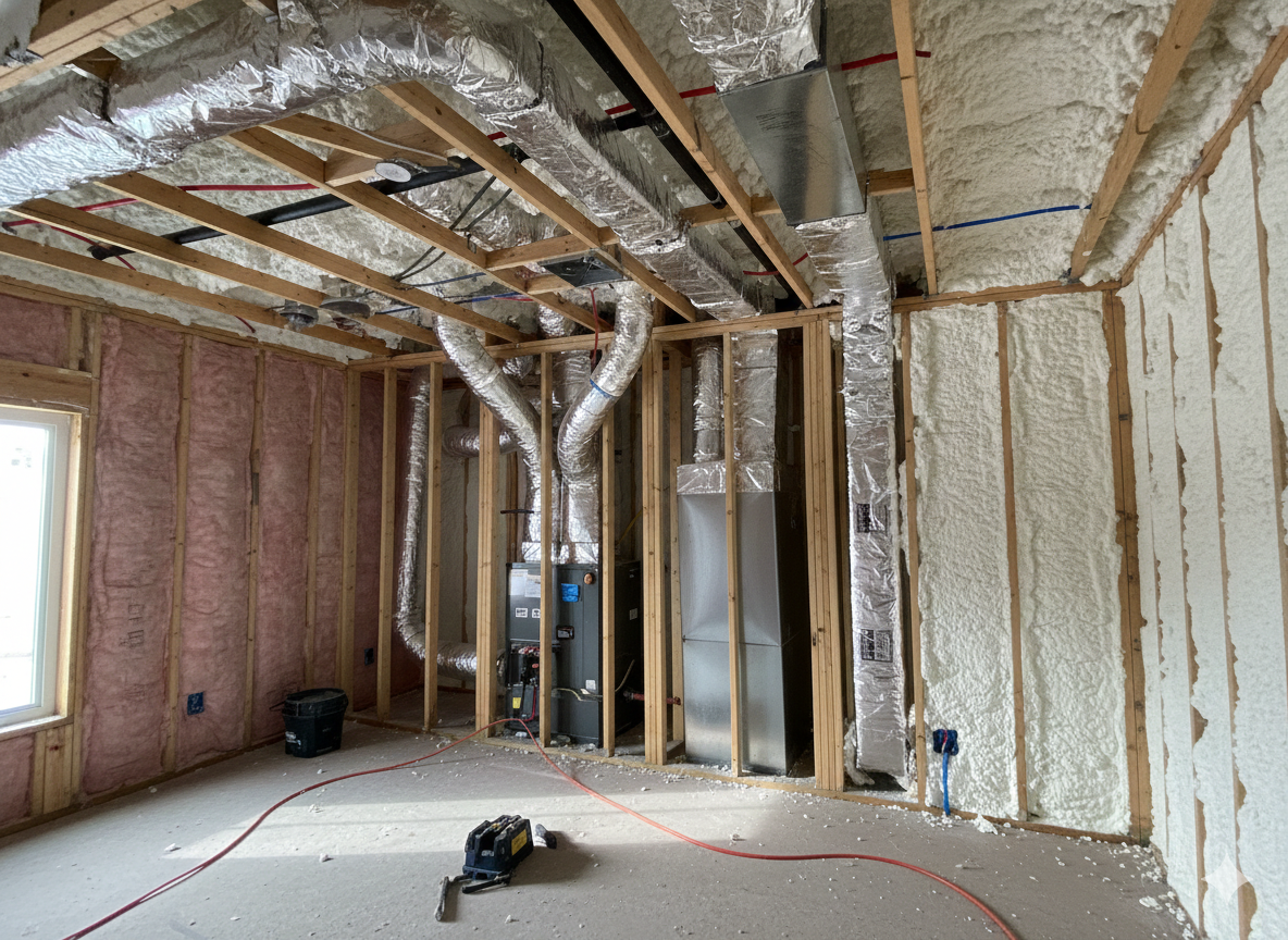 Interior view of a building under construction. Framing with insulation and ductwork visible.