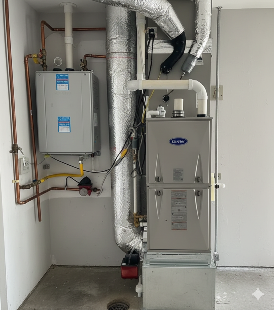 HVAC equipment in a utility room. Furnace, water heater, and ductwork are visible against a white wall.