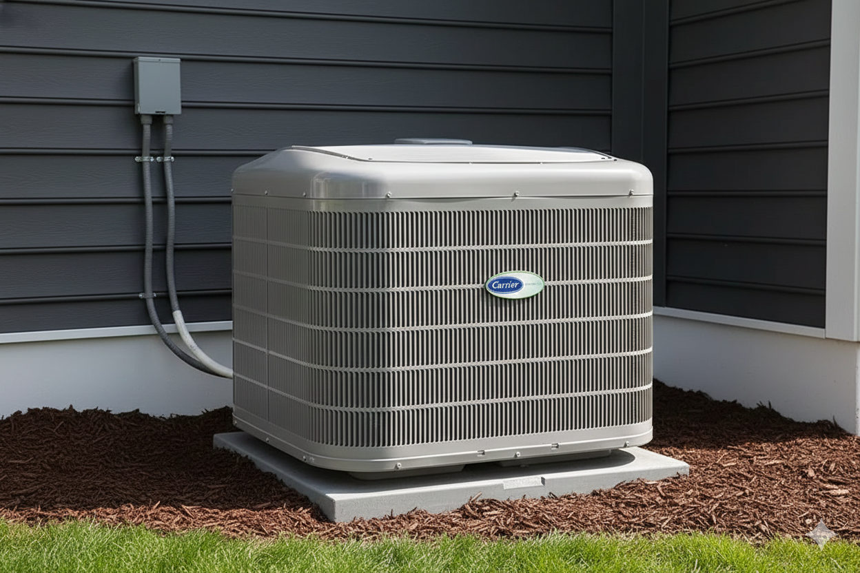 Air conditioning unit outside a house, gray with a Carrier logo, on a concrete pad with dark mulch.