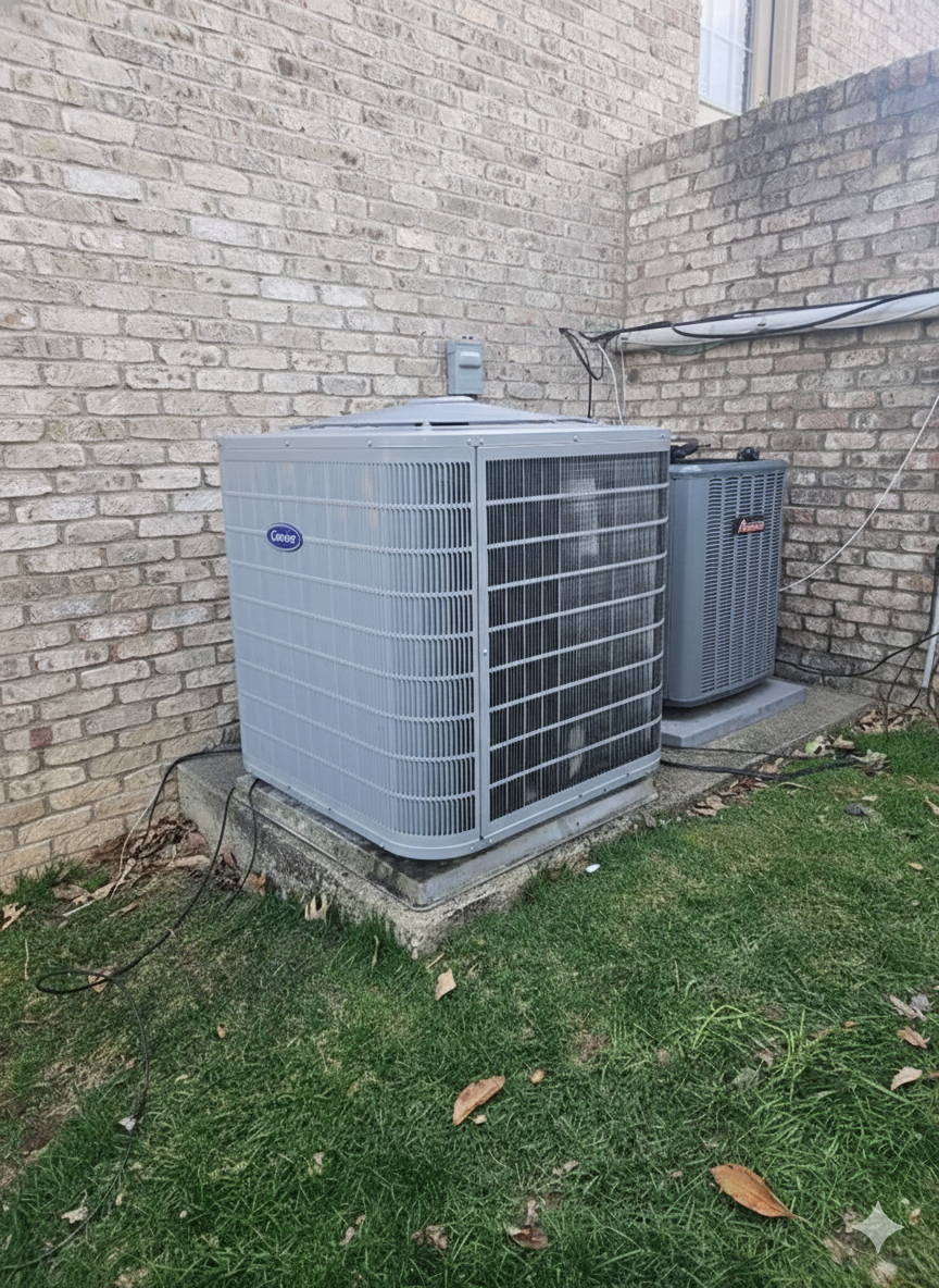 Two air conditioning units against a brick wall on a concrete base, set in grass.