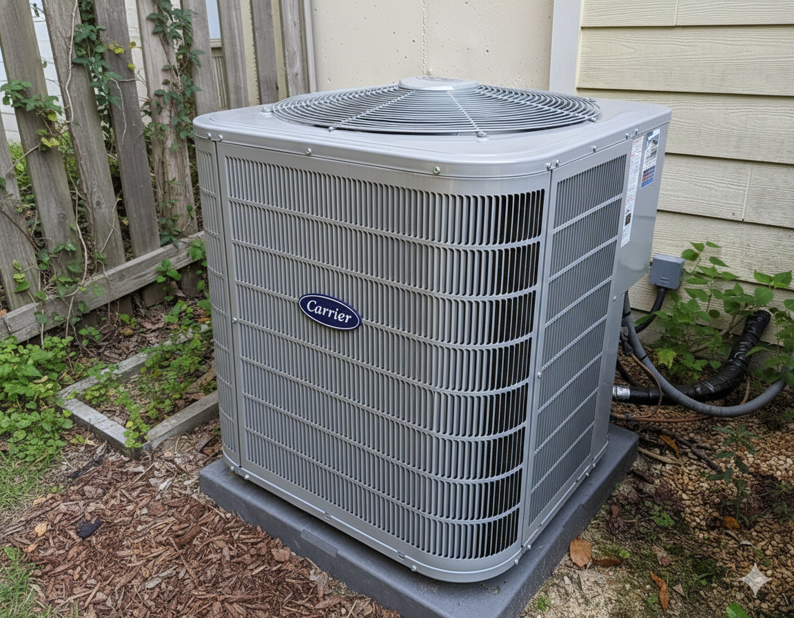 Carrier air conditioning unit outside a house.