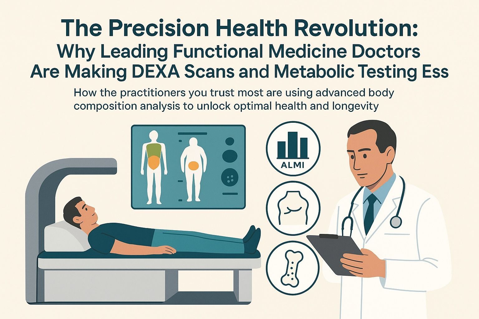 DEXA scan procedure showing body composition analysis with ALMI muscle mass and bone density measure
