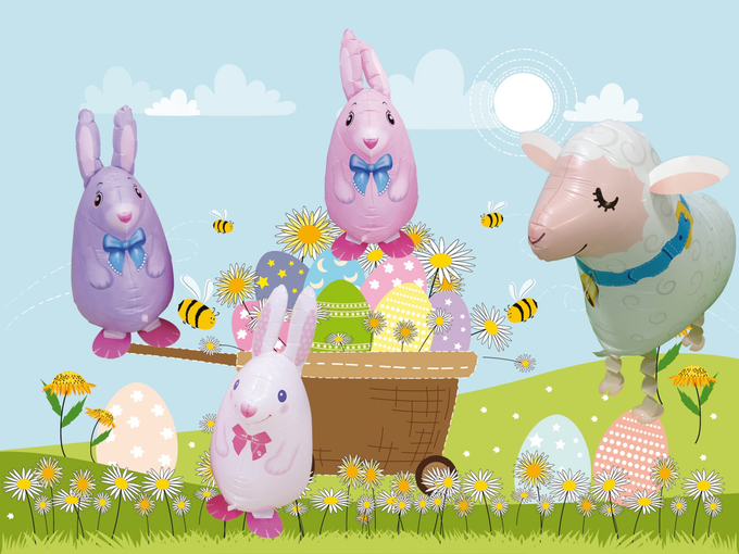 Walking balloon animals, Easter theme: sheep and rabbits