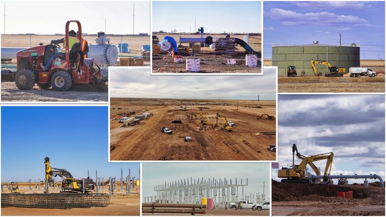 Collage of construction site activity: earthmoving, workers in vests, machinery, progress.