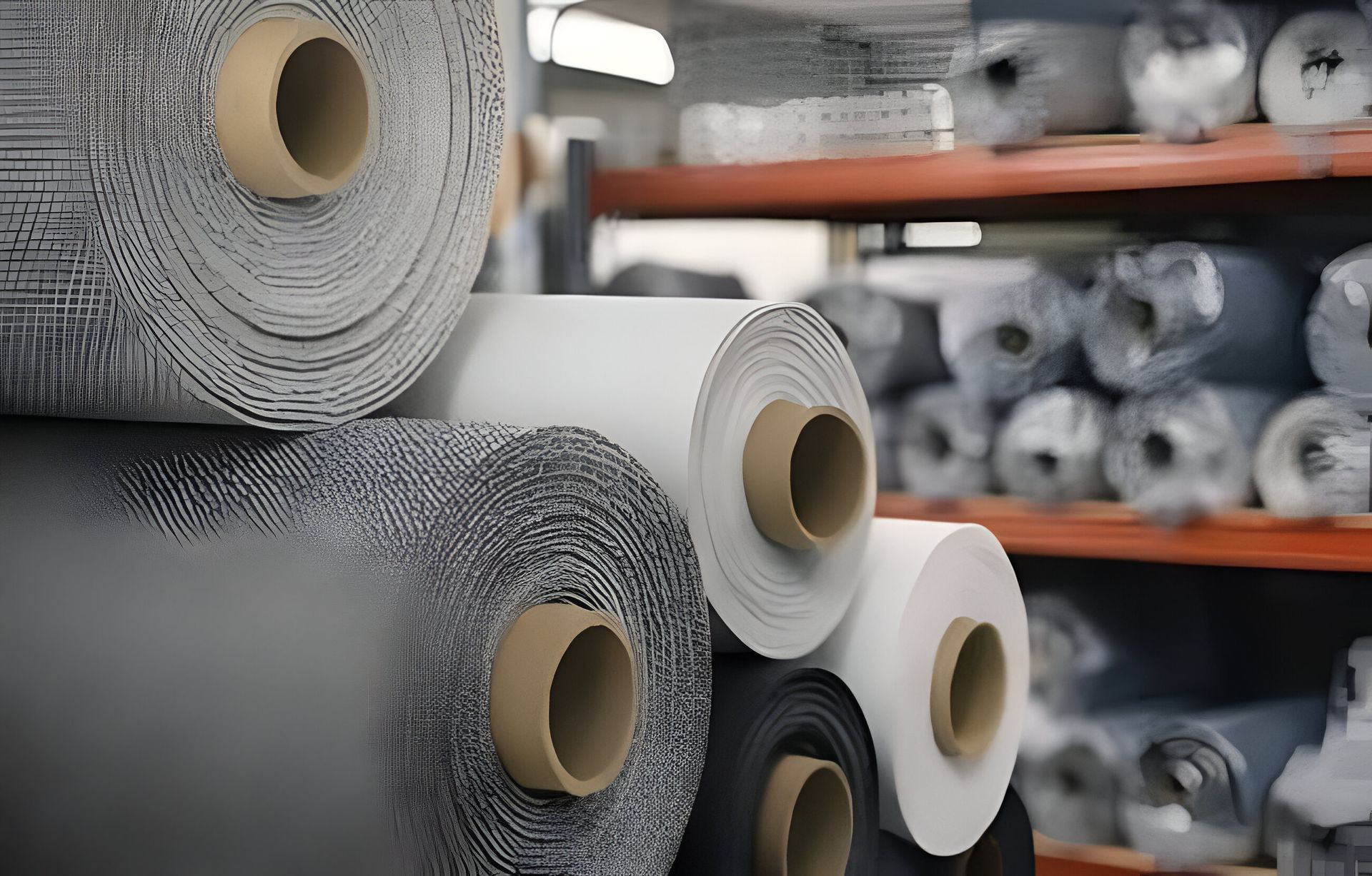 Persiana enrollable beige parcialmente desenrollada, con un patrón de malla. Un cordón de cuentas blancas cuelga hacia abajo.