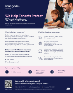 Renegade flyer with navy and pink design about helping tenants protect what matters, with photos and icons