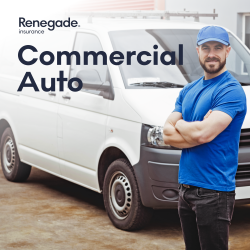 Commercial auto insurance ad with a white van and a blue-shirted mechanic standing beside it