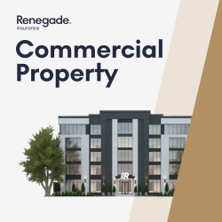 Renegade insurance commercial property ad with modern office building and tan geometric background