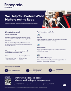 Renegade Insurance ad with white text on dark blue, showing a driver in a car and insurance coverage icons.