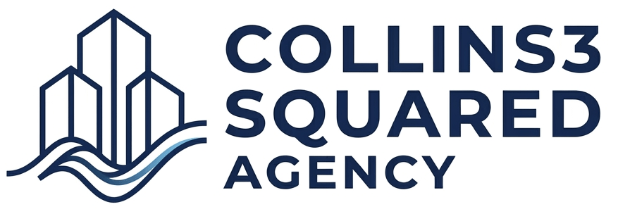 Collins3 Squared Agency logo in navy blue with stylized building and wave icon