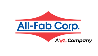 The all-fab corp logo is red , white , and blue.