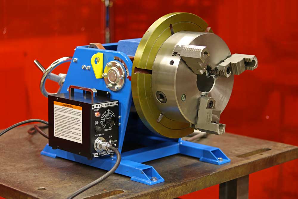 Optional Gator MT6 welding chuck mounted on the MAC PS-2F benchtop welding positioner.