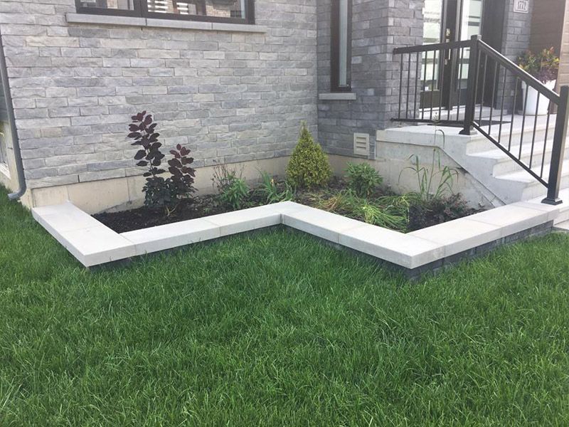 Une pelouse avec une jardinière au milieu devant une maison.