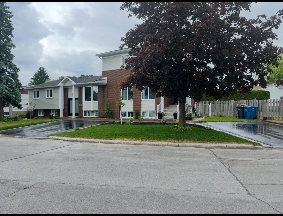 Une maison avec un arbre violet devant