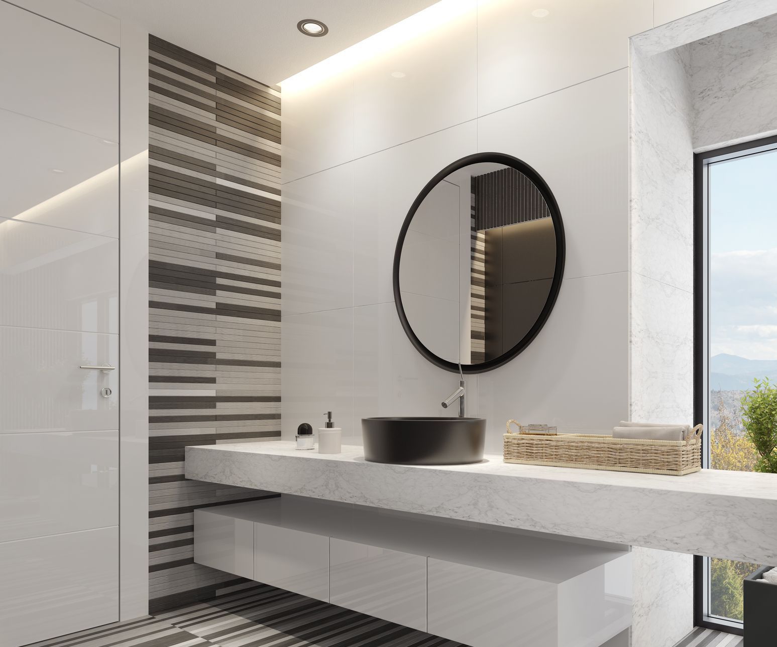 A bathroom with a sink , circle mirror and a large window.