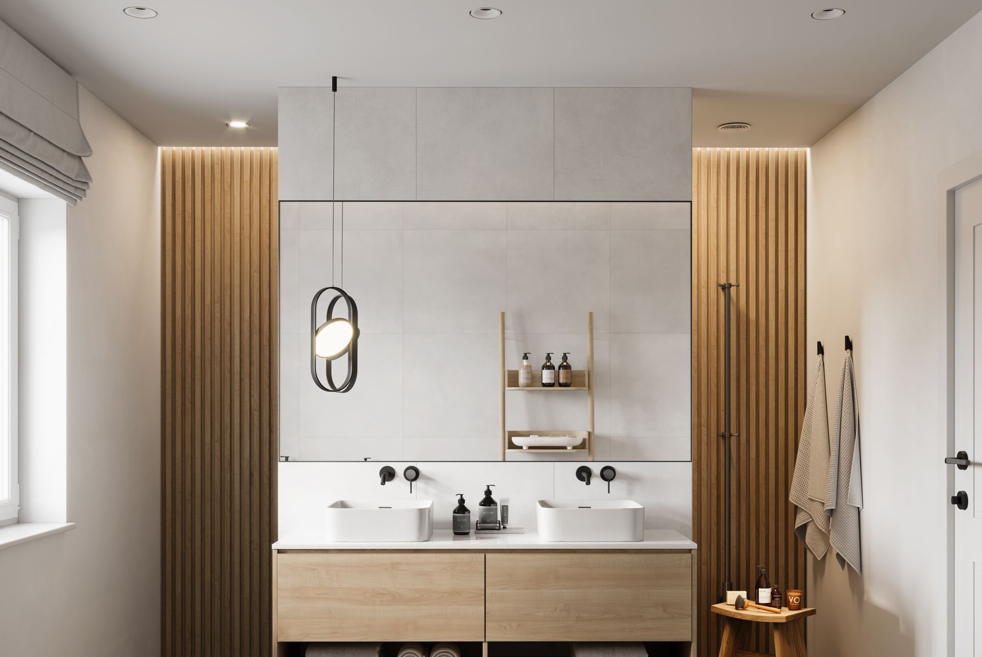 A bathroom with two sinks and a mirror and wooden wall detailing