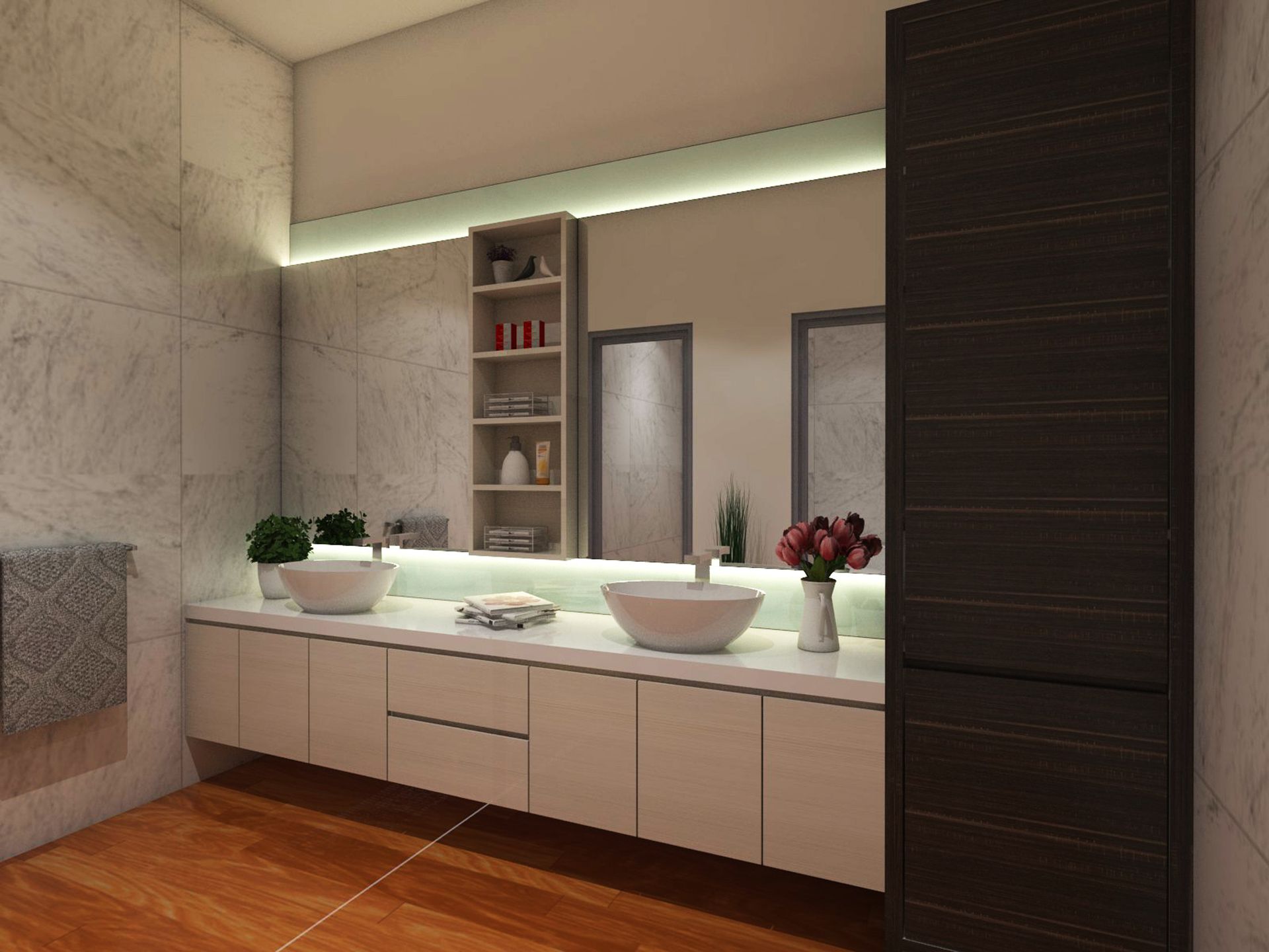 A bathroom with two sinks and a large mirror with LED featured