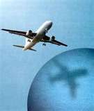 Airplane flying over a blue sphere, casting a shadow.