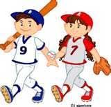 Two cartoon baseball players holding hands, boy in blue, girl in red.