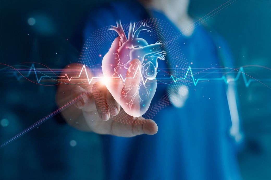 A doctor is holding a virtual heart in his hand.