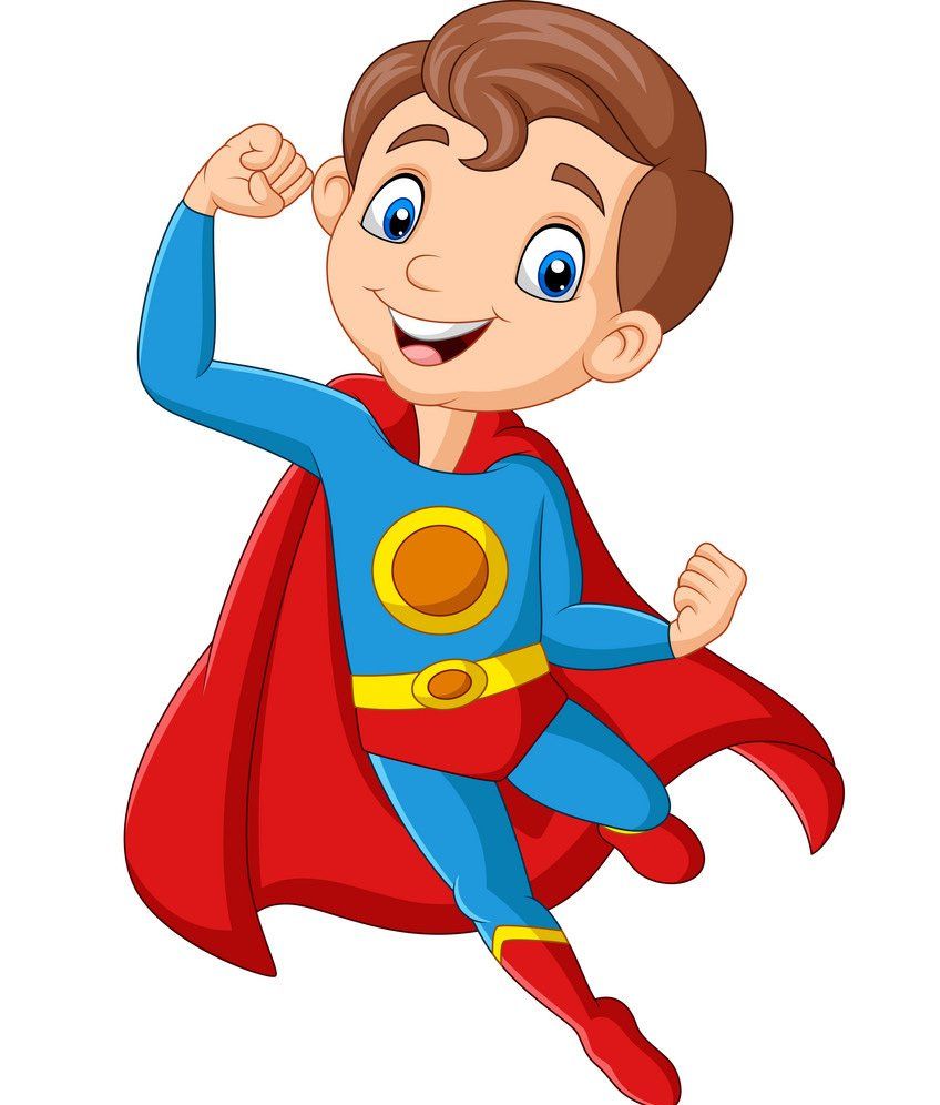 A cartoon boy in a superhero costume is flying through the air.