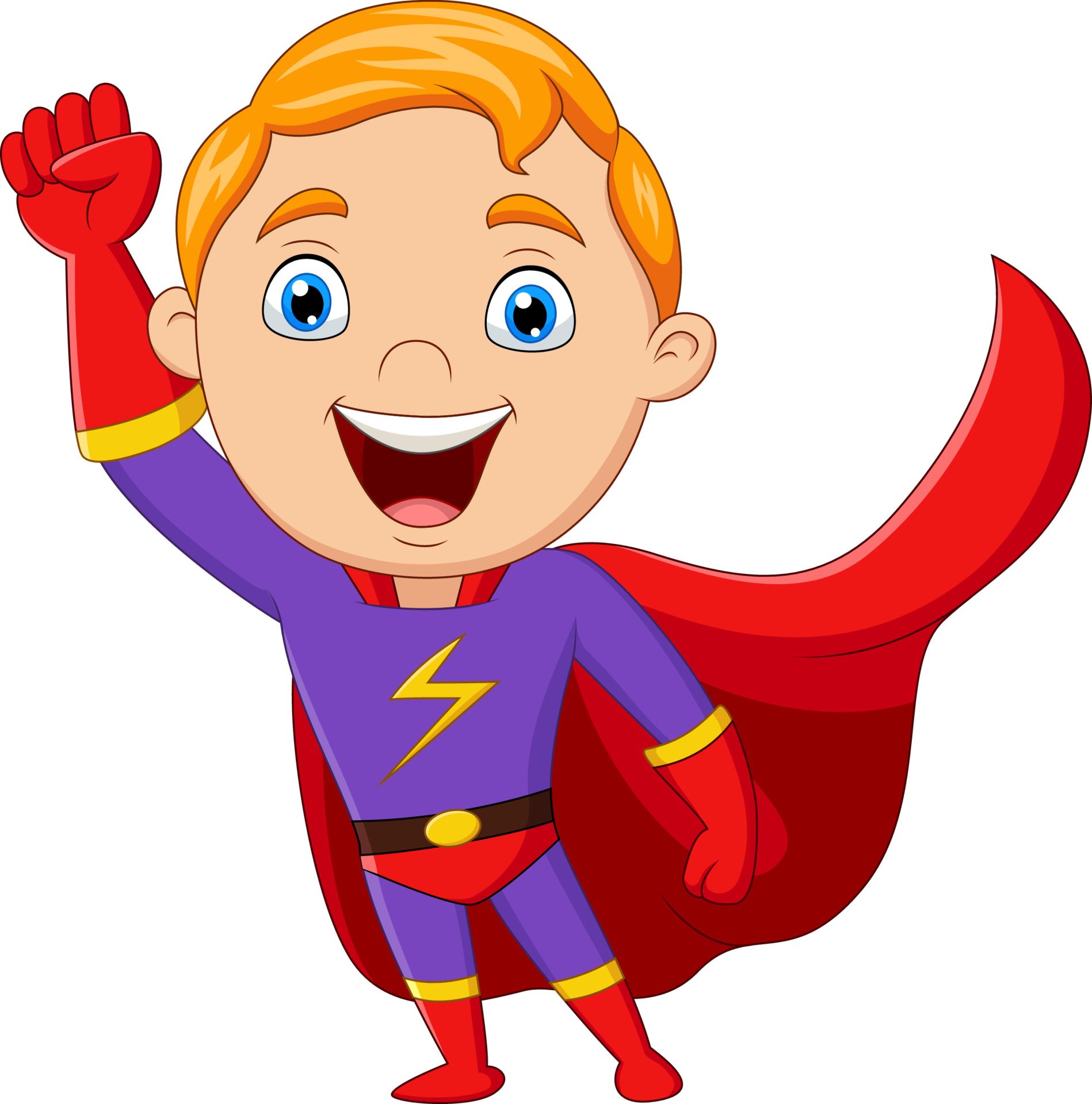A cartoon boy in a superhero costume is waving his hand.