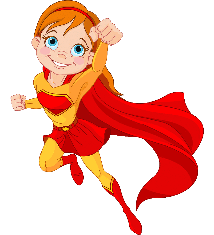 A cartoon girl in a superhero costume is flying through the air.