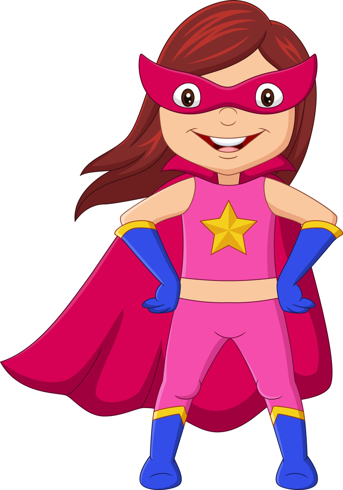 A cartoon girl in a superhero costume is standing with her hands on her hips.