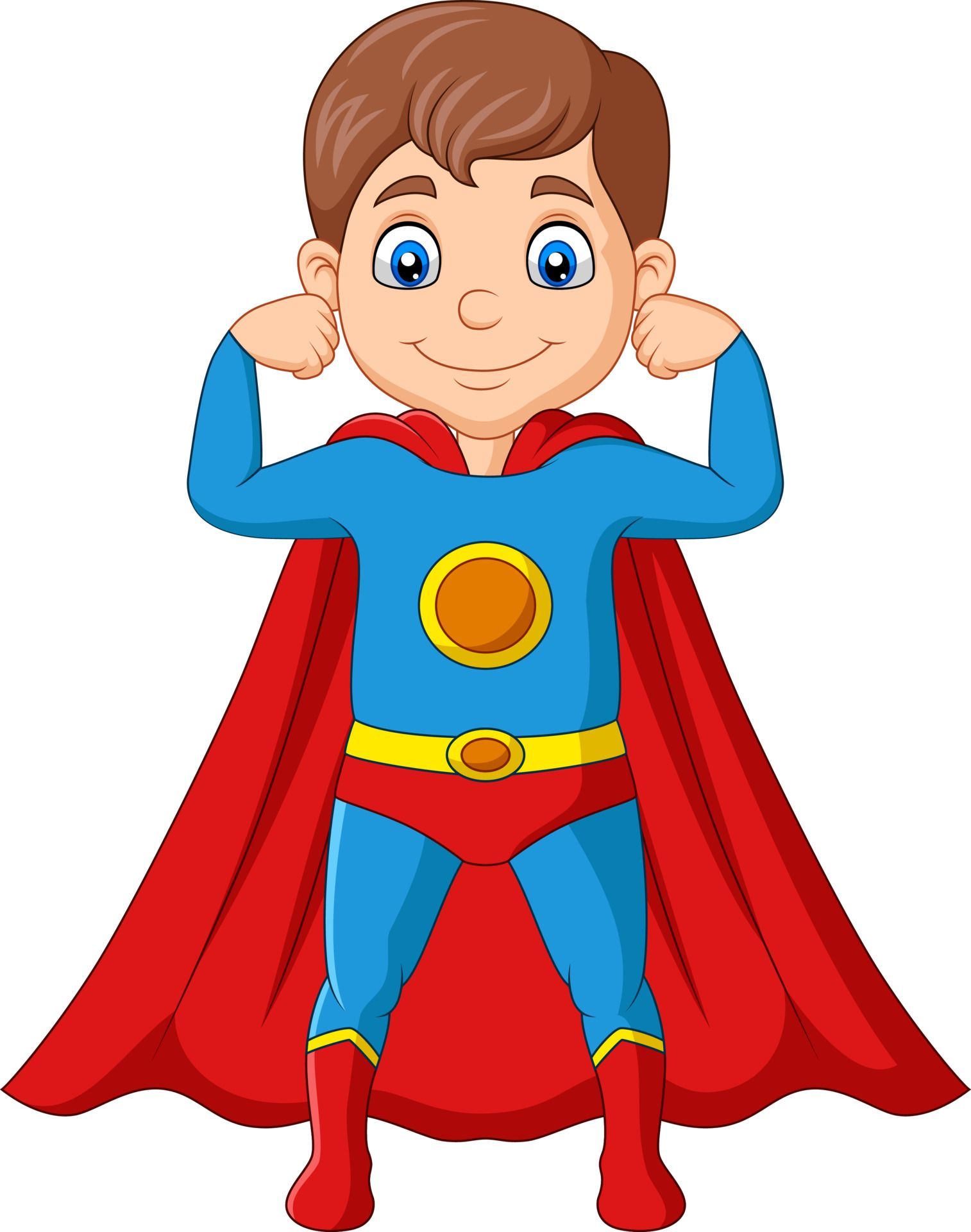 A cartoon boy in a superhero costume is flexing his muscles.