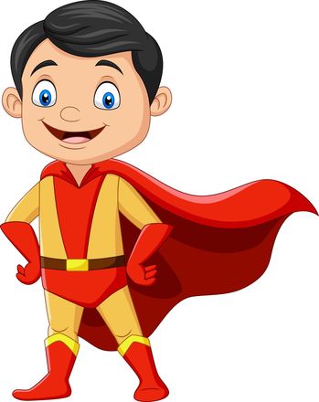 A cartoon boy in a superhero costume is standing with his hands on his hips.