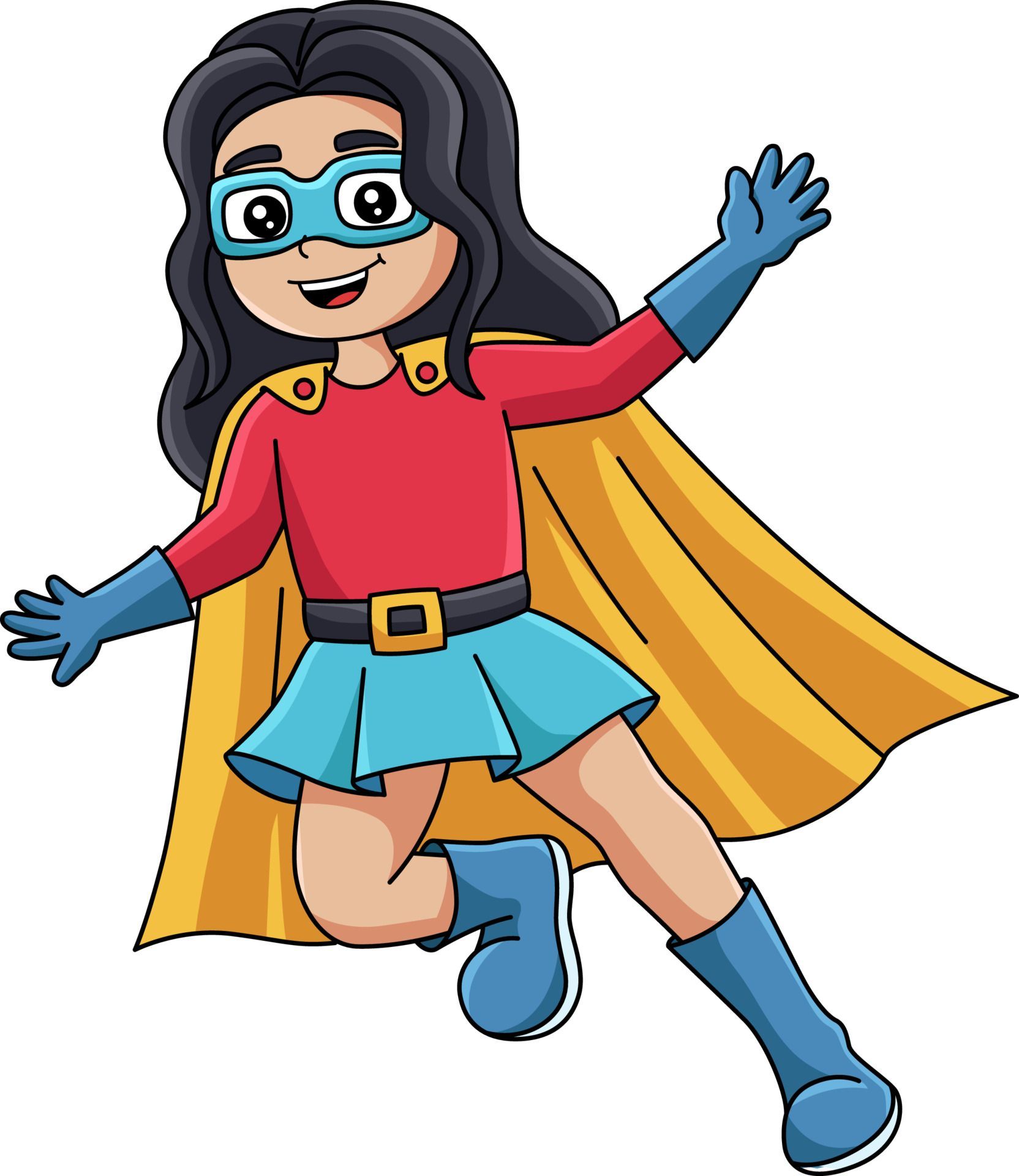 A cartoon girl in a superhero costume is jumping in the air.