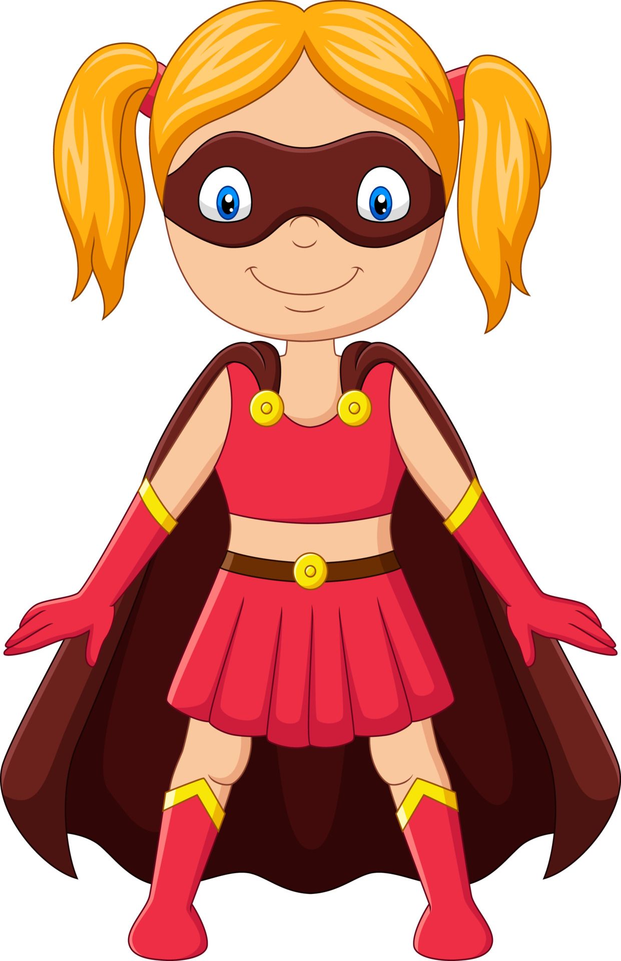 A cartoon girl in a superhero costume is standing on a white background.