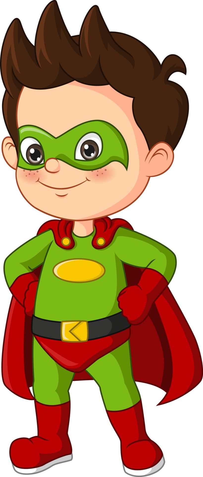 A cartoon boy in a superhero costume is standing with his hands on his hips.