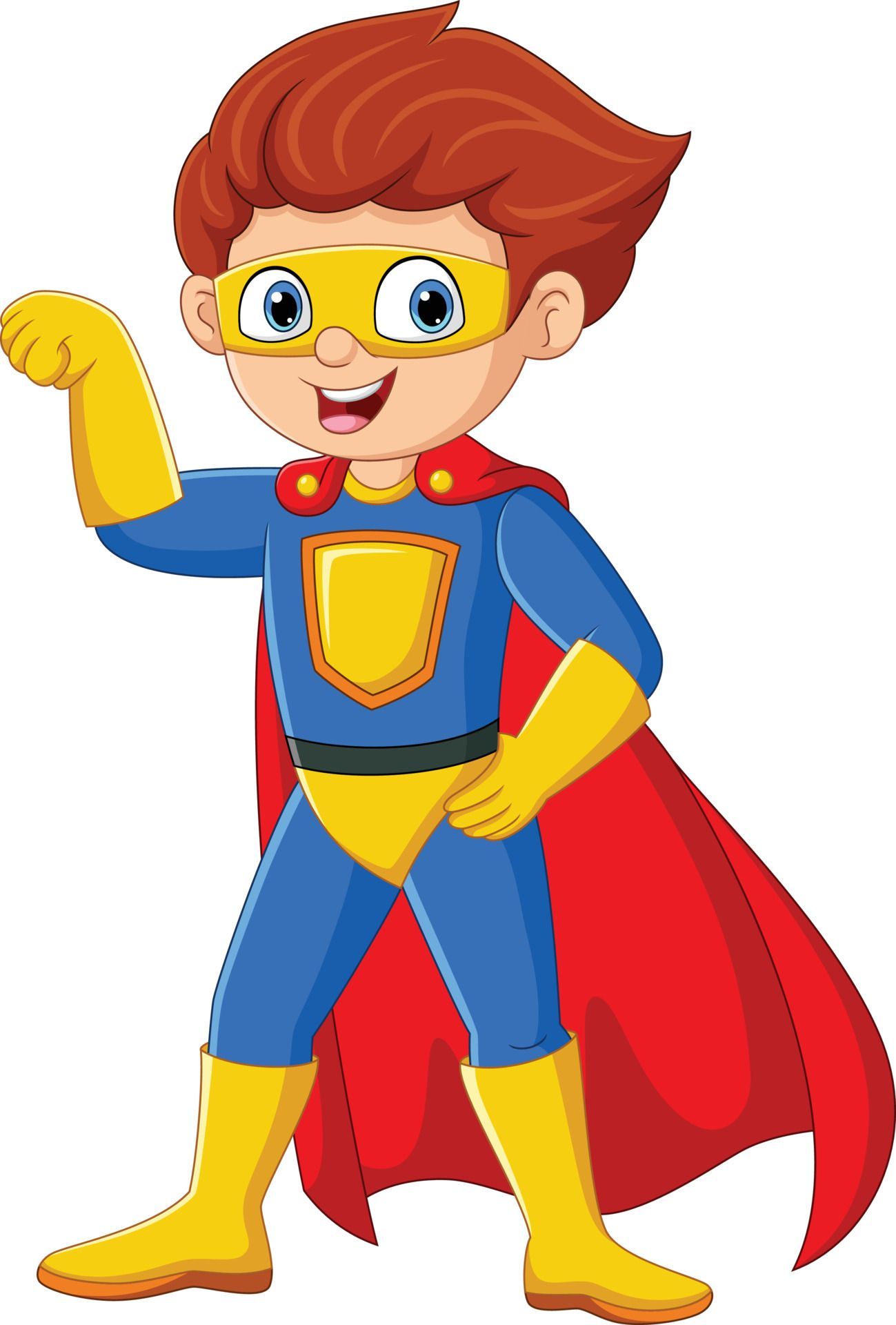 A cartoon boy in a superhero costume is standing on a white background.