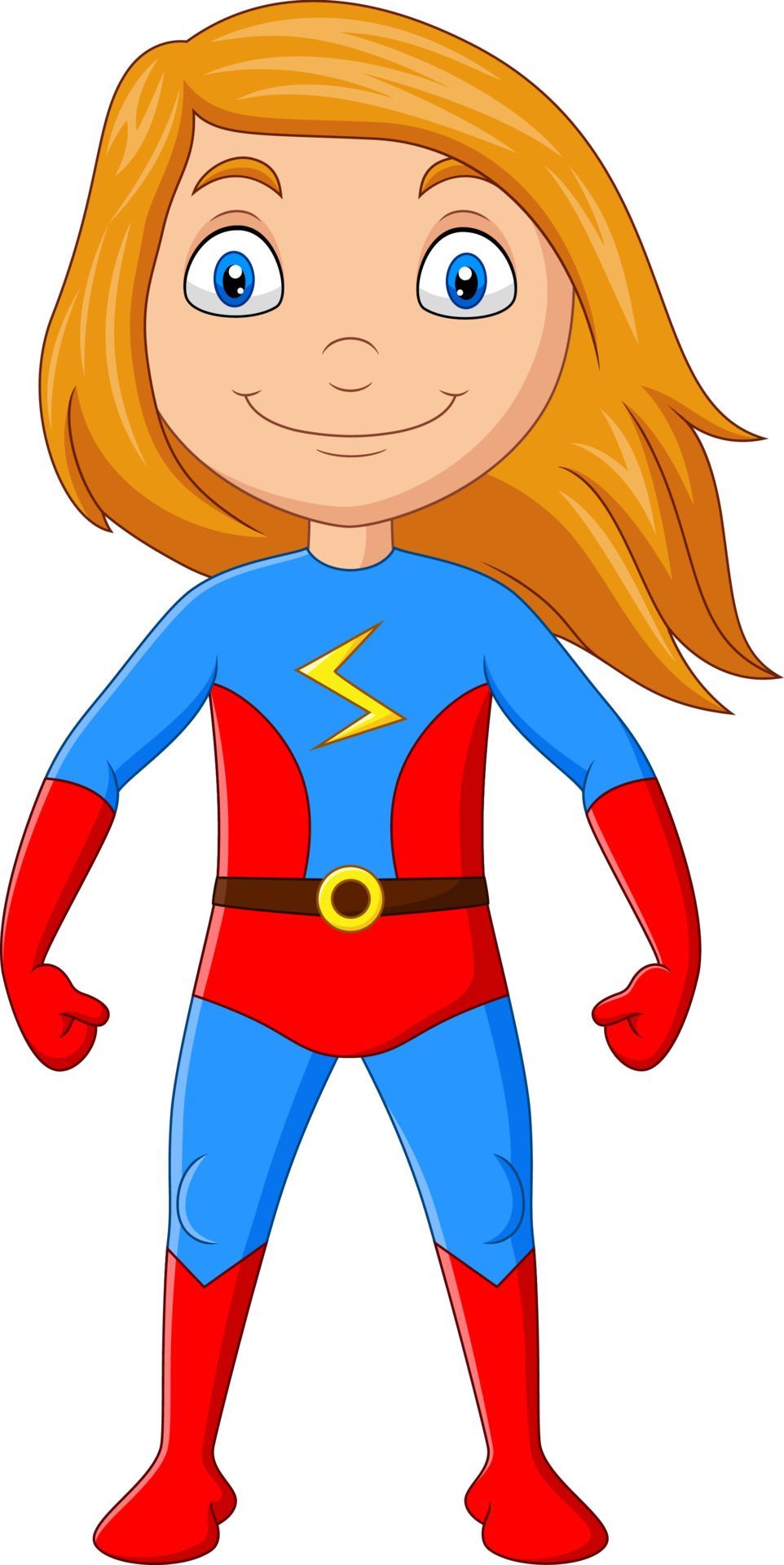 A cartoon girl in a superhero costume is standing with her hands on her hips.