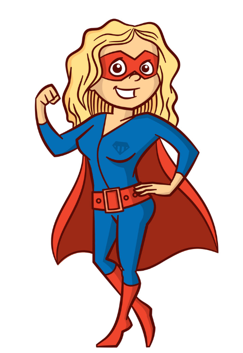 A cartoon of a woman in a superhero costume flexing her muscles.