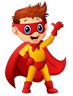 A cartoon boy in a superhero costume is standing with his hands on his hips.