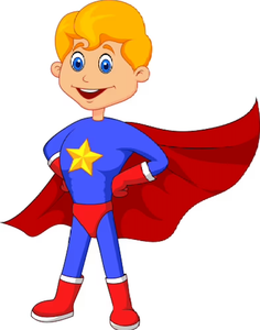 A cartoon boy in a superhero costume is standing with his hands on his hips.