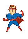 A cartoon of a superhero in a blue suit and red cape.